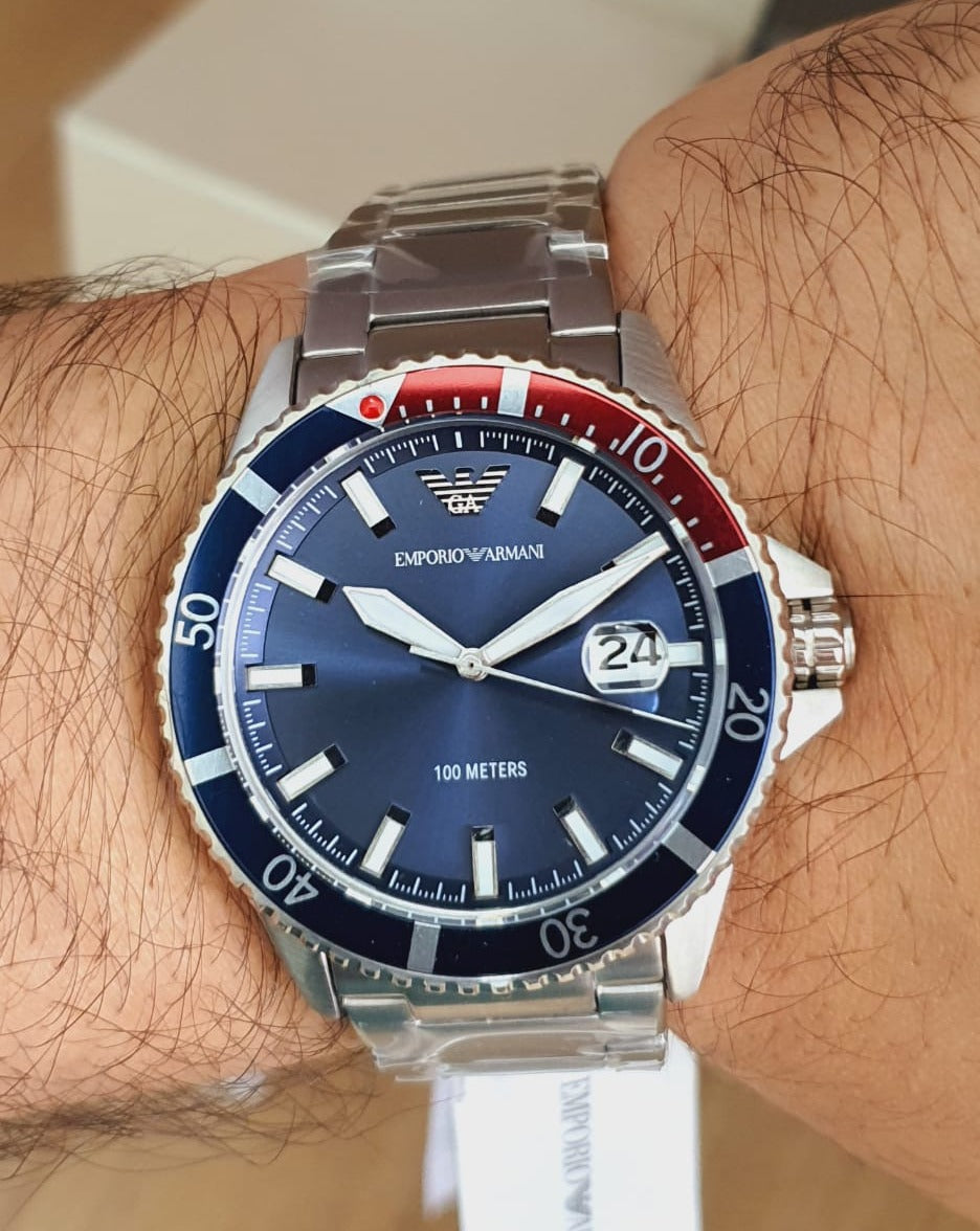  Shop Authentic Emporio Armani Diver Quartz Blue Dial Silver Steel Strap Watch For Men - AR11339 - Luxxuri