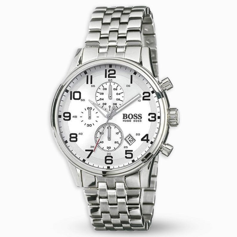  Shop Authentic Hugo Boss Aeroliner Chronograph Quartz White Dial Silver Steel Strap Watch For Men - HB1512445 - Luxxuri
