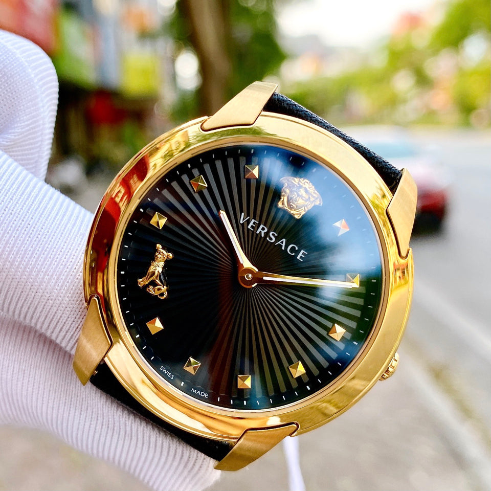  Shop Authentic Versace Audrey Quartz Black Dial Black Leather Strap Watch for Women - VELR00319 - Luxxuri