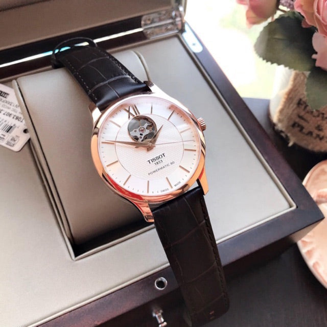 Shop Authentic Tissot Tradition Powermatic 80 Open Heart Silver Dial Brown Leather Strap Watch For Men - T063.907.36.038.00 - Luxxuri