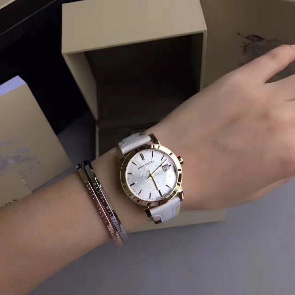  Shop Authentic Burberry The City White Dial White Leather Strap Watch for Women - BU9110 - Luxxuri