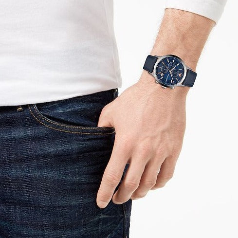  Shop Authentic Emporio Armani Renato Chronograph Blue Dial Black Leather Strap Watch For Men - AR11216 - Luxxuri