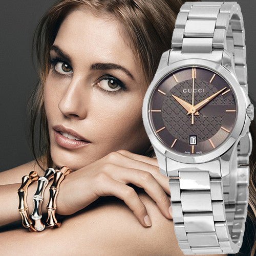  Shop Authentic Gucci G Timeless Brown Dial Silver Steel Strap Watch For Women - YA126529 - Luxxuri