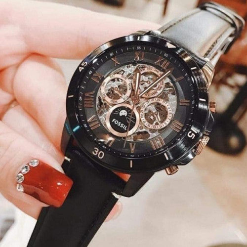  Shop Authentic Fossil Grant Sport Automatic Skeleton Black Dial Black Leather Strap Watch for Men - ME3138 - Luxxuri
