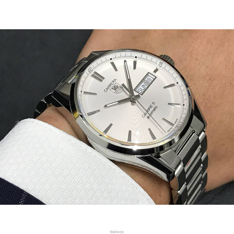  Shop Authentic Tag Heuer Carrera Calibre 5 Automatic White Dial Silver Steel Strap Watch for Men - WAR201B.BA0723 - Luxxuri