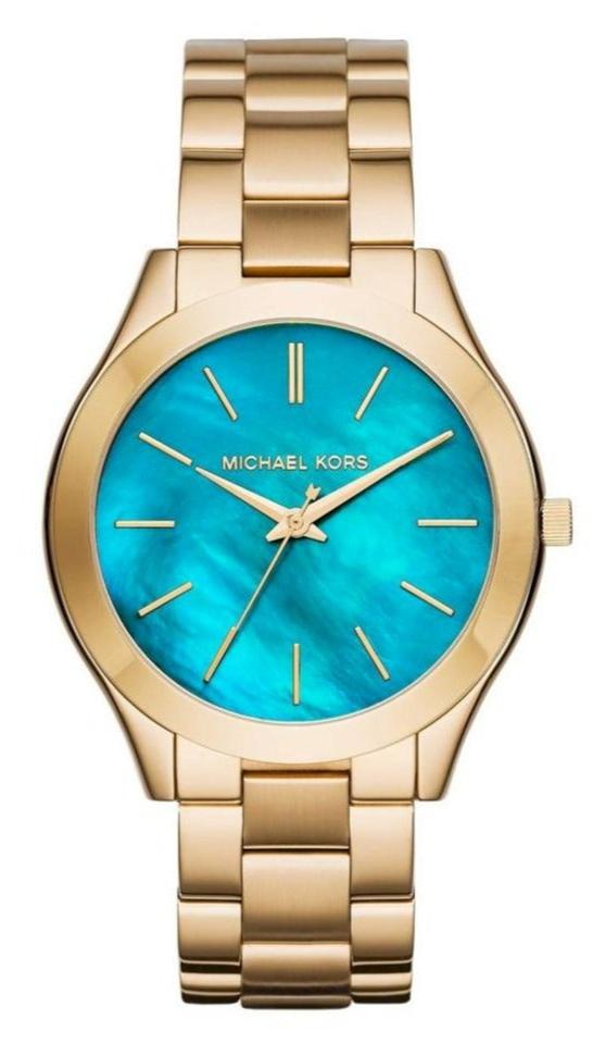  Shop Authentic Michael Kors Slim Runway Blue Mother of Pearl Dial Gold Steel Strap Watch for Women - MK3492 - Luxxuri