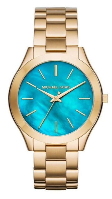  Shop Authentic Michael Kors Slim Runway Blue Mother of Pearl Dial Gold Steel Strap Watch for Women - MK3492 - Luxxuri