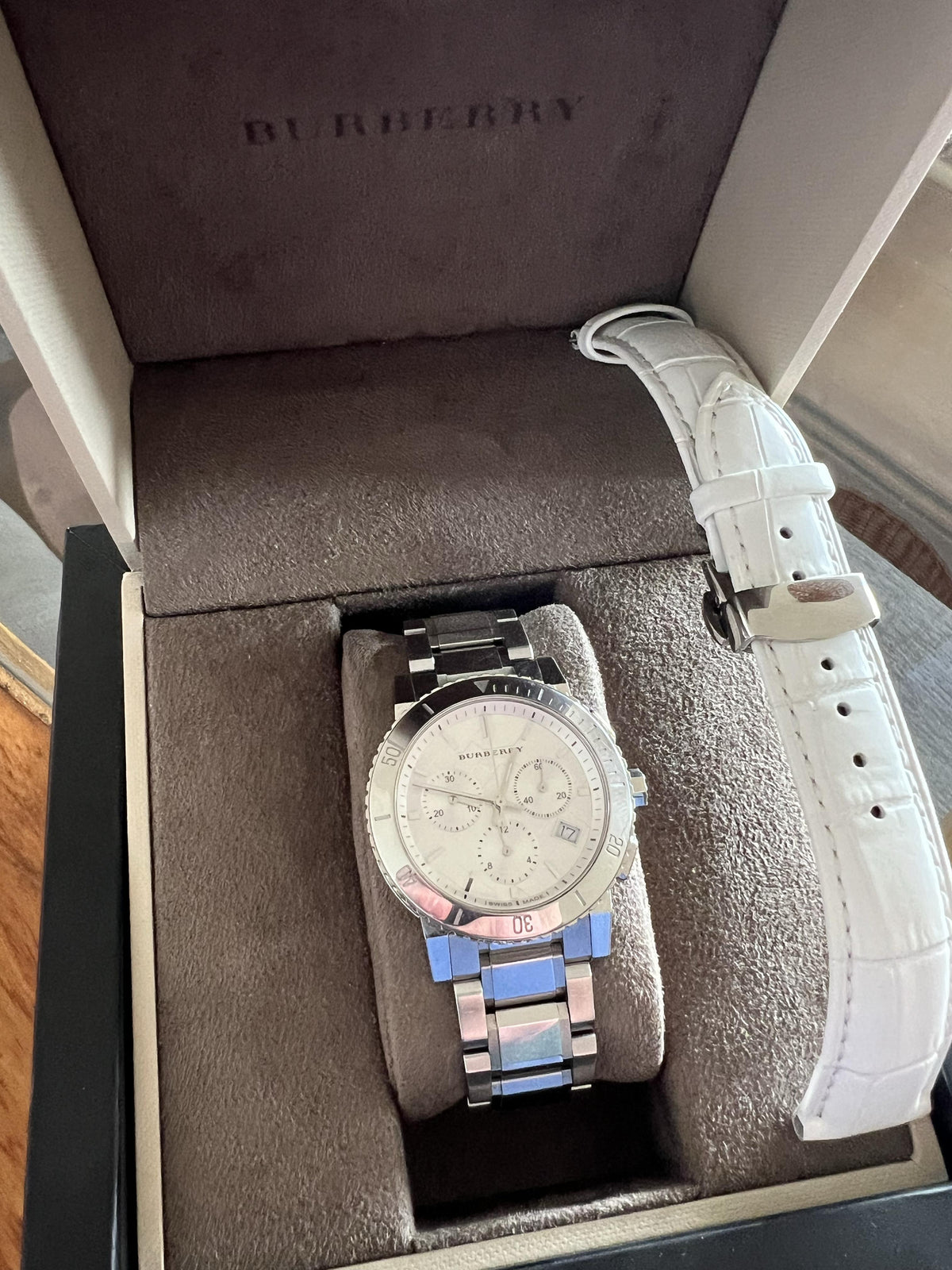  Shop Authentic Burberry City Chronograph White Dial Silver Steel Strap Watch For Women - BU9700 - Luxxuri