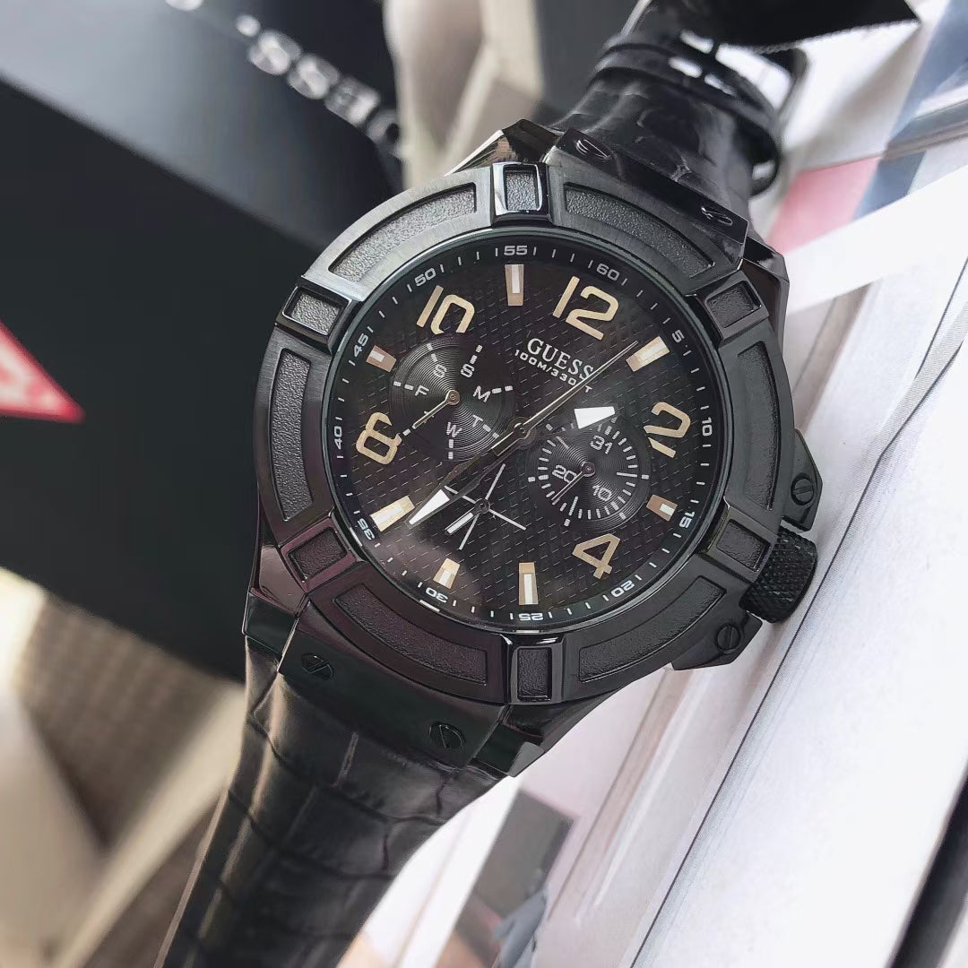  Shop Authentic Guess Rigor Analog Black Dial Black Leather Strap Watch For Men - W0040G1 - Luxxuri