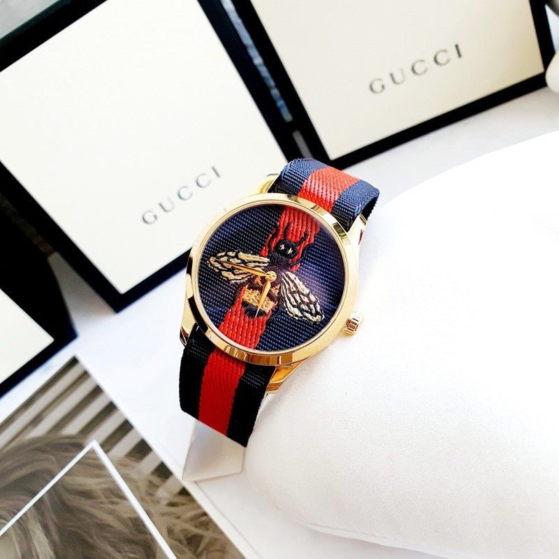  Shop Authentic Gucci G Timeless Bee Red & Blue Dial Red Two Tone Nylon Strap Watch For Men - YA1264061 - Luxxuri