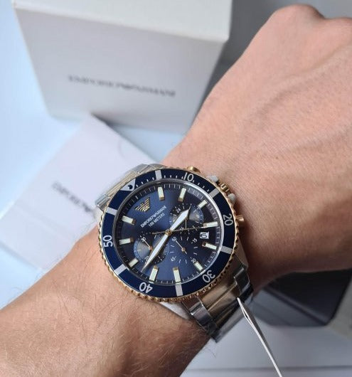  Shop Authentic Emporio Armani Mario Chronograph Blue Dial Two Tone Steel Strap Watch For Men - AR11362 - Luxxuri