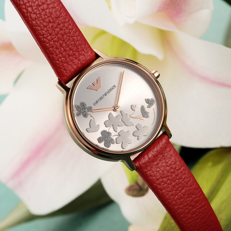  Shop Authentic Emporio Armani Kappa Classic Quartz Silver Dial Red Leather Strap Watch For Women - AR11114 - Luxxuri