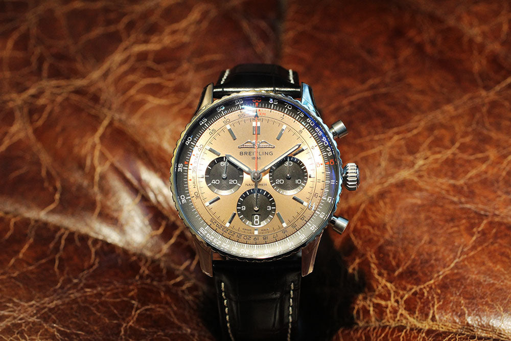  Shop Authentic Breitling Navitimer B01 Chronograph 43 Brown Dial Black Leather Strap Watch for Men - AB0138241K1P1 - Luxxuri
