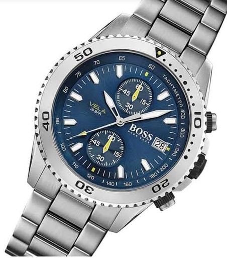  Shop Authentic Hugo Boss Vela Chronograph Diver Blue Dial Silver Steel Strap Watch for Men - 1513775 - Luxxuri