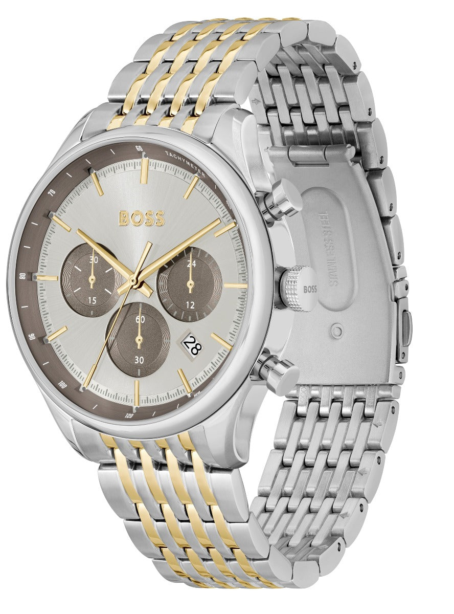  Shop Authentic Hugo Boss Gregor Chronograph Silver Dial Two Tone Steel Strap Watch For Men - 1514053 - Luxxuri