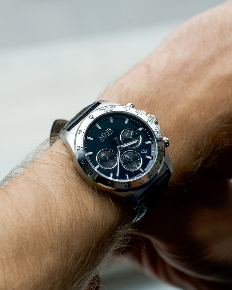  Shop Authentic Hugo Boss Hero Chronograph Black Dial Black Leather Strap Watch For Men - 1513752 - Luxxuri