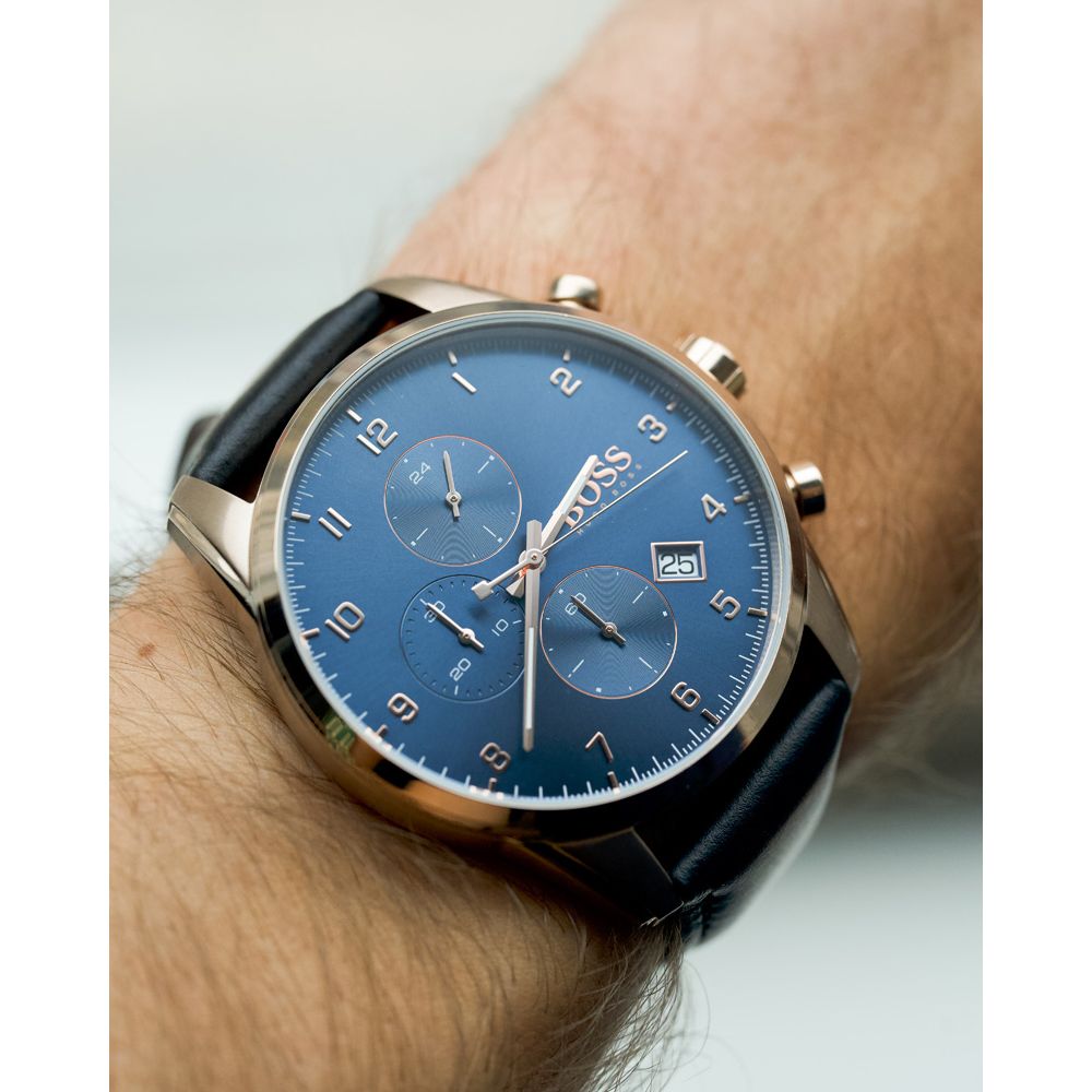  Shop Authentic Hugo Boss Skymaster Chronograph Blue Dial Black Leather Strap Watch for Men - 1513783 - Luxxuri
