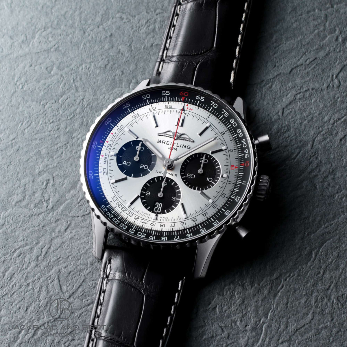  Shop Authentic Breitling Navitimer B01 Chronograph 43 Silver Dial Black Leather Strap Watch for Men - AB0138241G1P1 - Luxxuri