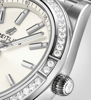  Shop Authentic Breitling Chronomat Automatic 36 Diamonds White Dial Silver Steel Strap Watch for Women - A10380591A1A1 - Luxxuri