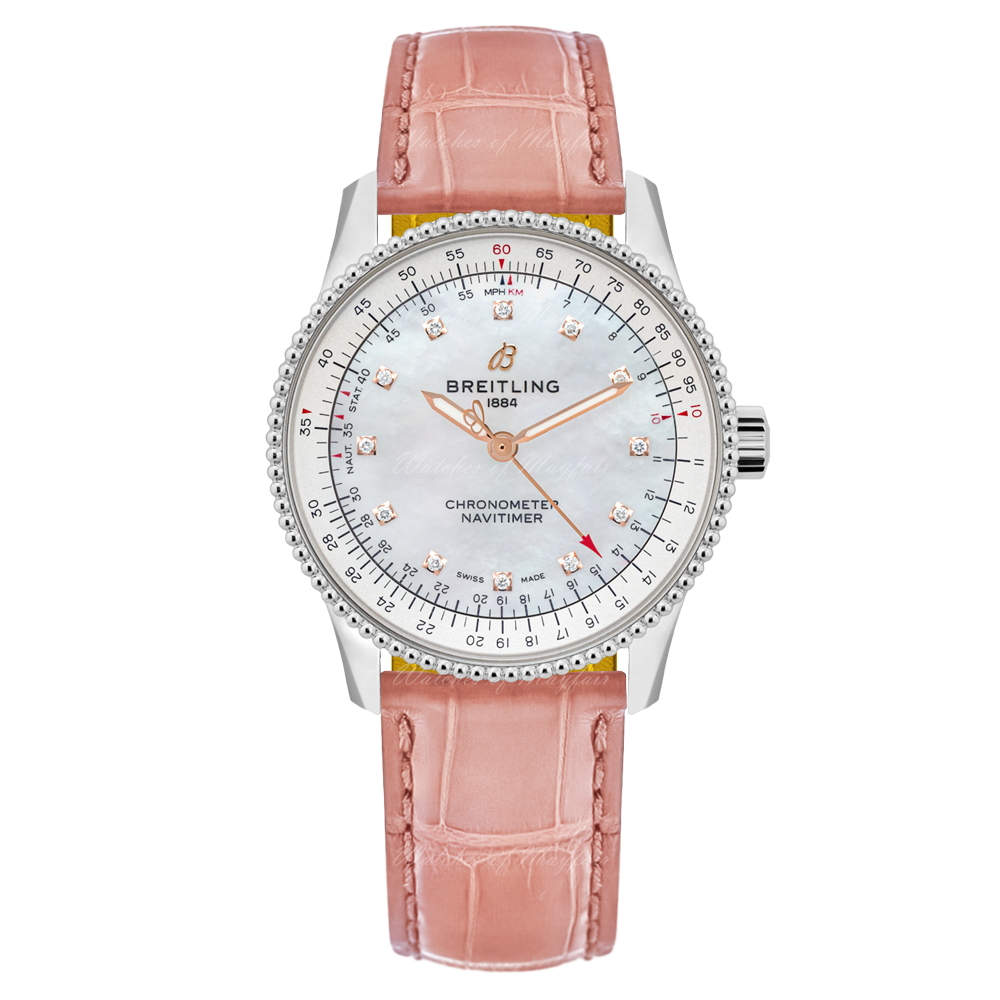  Shop Authentic Breitling Navitimer Automatic 35 Mother of Pearl Dial Pink Leather Strap Watch for Women - A17395211A1P3 - Luxxuri