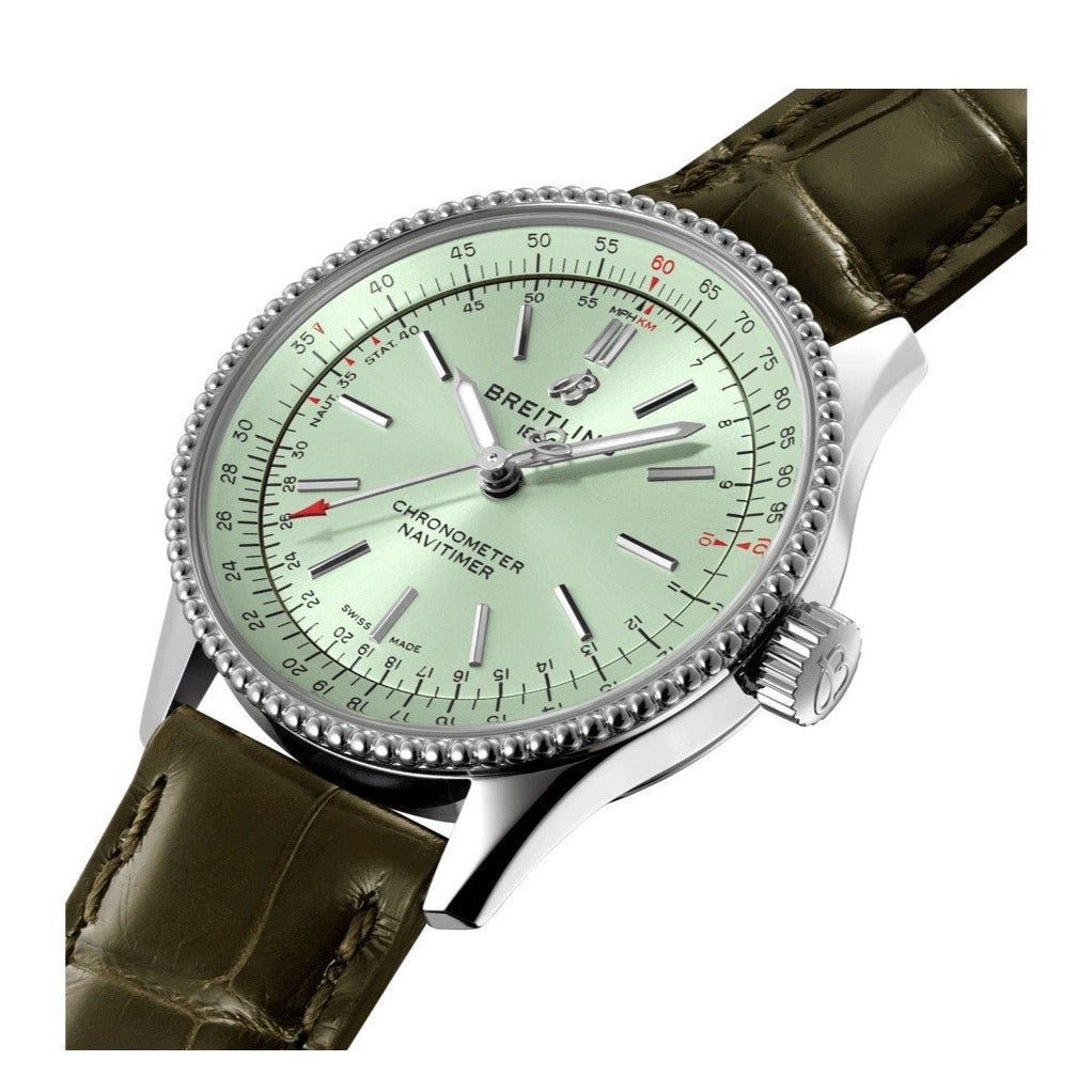  Shop Authentic Breitling Navitimer Automatic 35 Green Dial Green Leather Strap Watch for Women - A17395361L1P1 - Luxxuri