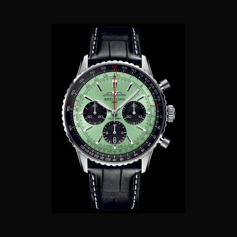  Shop Authentic Breitling Navitimer B01 Chronograph 43 Green Dial Black Leather Strap Watch for Men - AB0138241L1P1 - Luxxuri