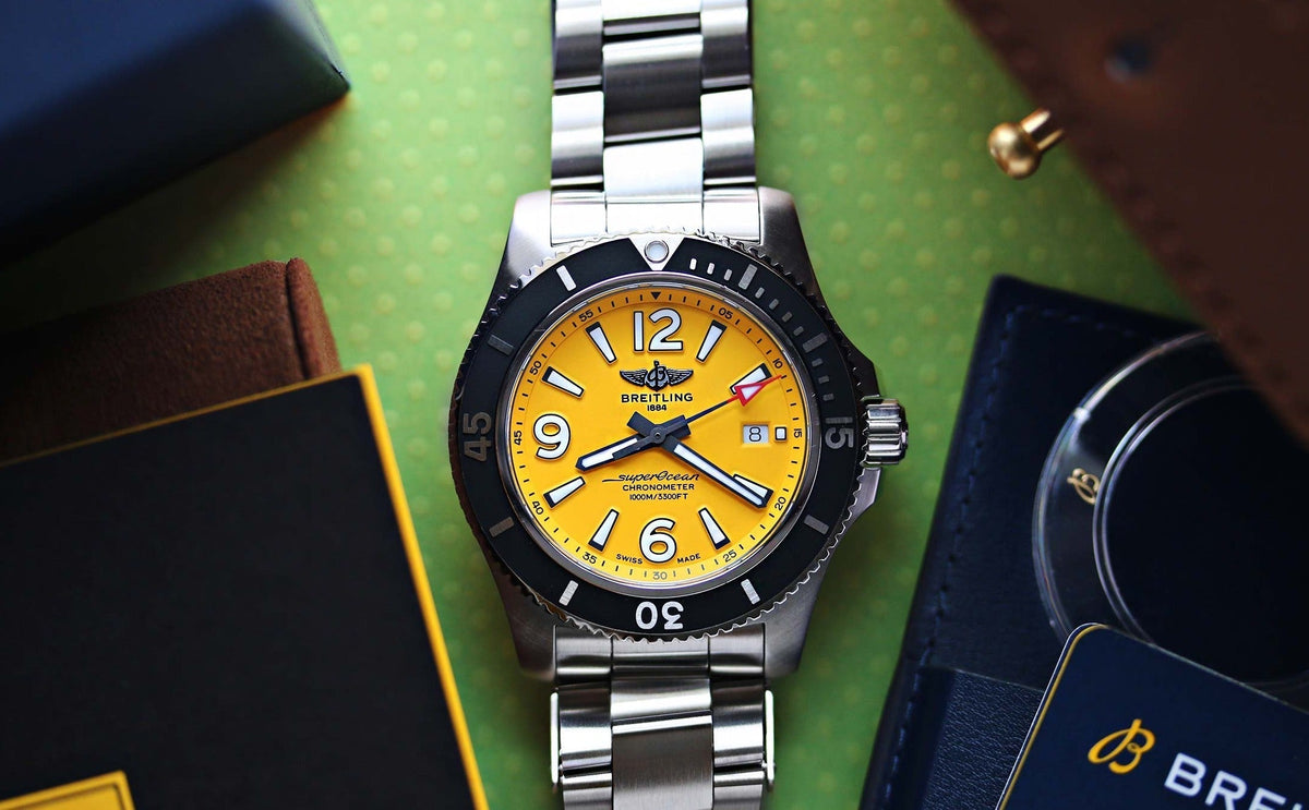  Shop Authentic Breitling Superocean II Automatic 44mm Yellow Dial Silver Steel Strap Watch for Men - A17367021I1A1 - Luxxuri