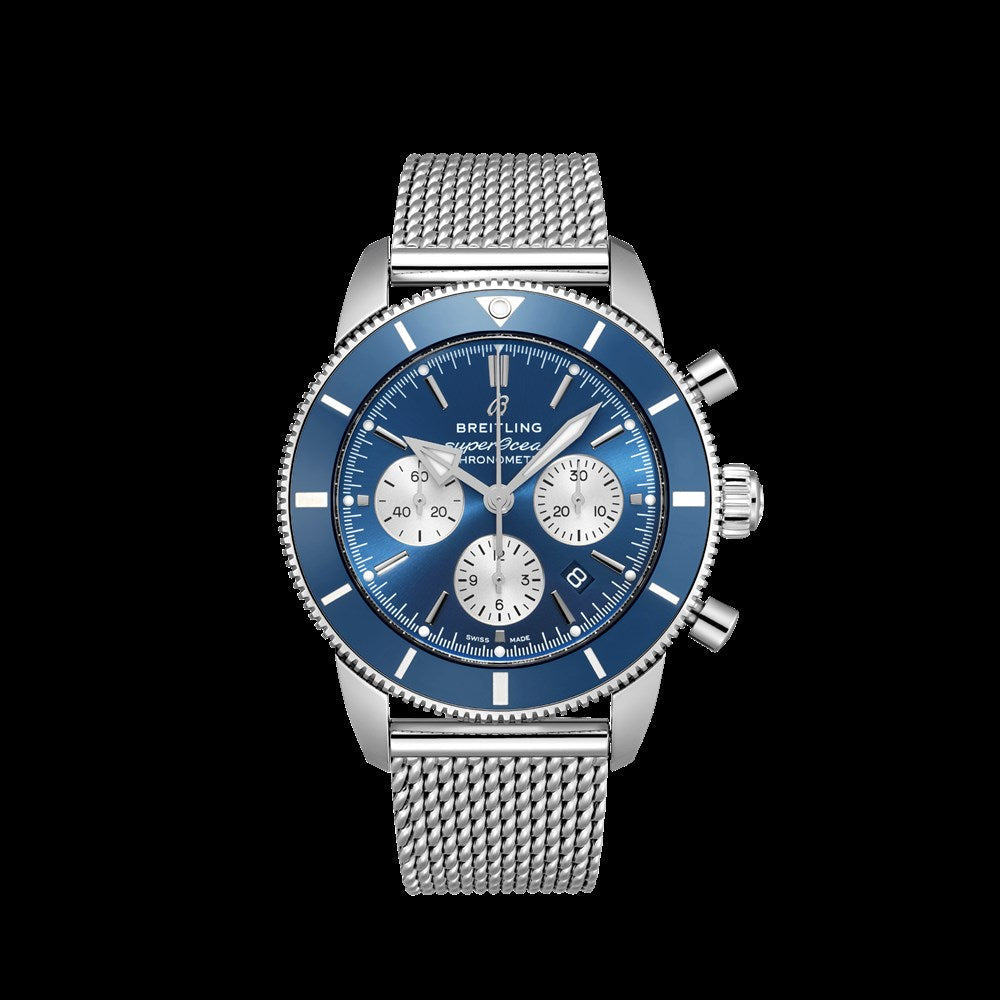  Shop Authentic Breitling Superocean Heritage B01 Chronograph 44 Blue Dial Silver Mesh Bracelet Watch for Men - AB0162161C1A1 - Luxxuri