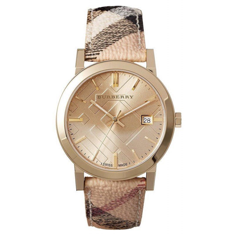  Shop Authentic Burberry The City Gold Dial Haymarket Brown Leather Strap Watch for Women - BU9026 - Luxxuri