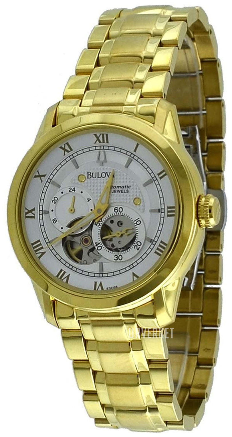  Shop Authentic Bulova BVA Skeleton Silver Dial Gold Steel Strap Watch for Men - 97A108 - Luxxuri