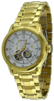 Shop Authentic Bulova BVA Skeleton Silver Dial Gold Steel Strap Watch for Men - 97A108 - Luxxuri