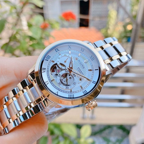  Shop Authentic Bulova BVA Skeleton Silver Dial Two Tone Steel Strap Watch for Men - 98A230 - Luxxuri