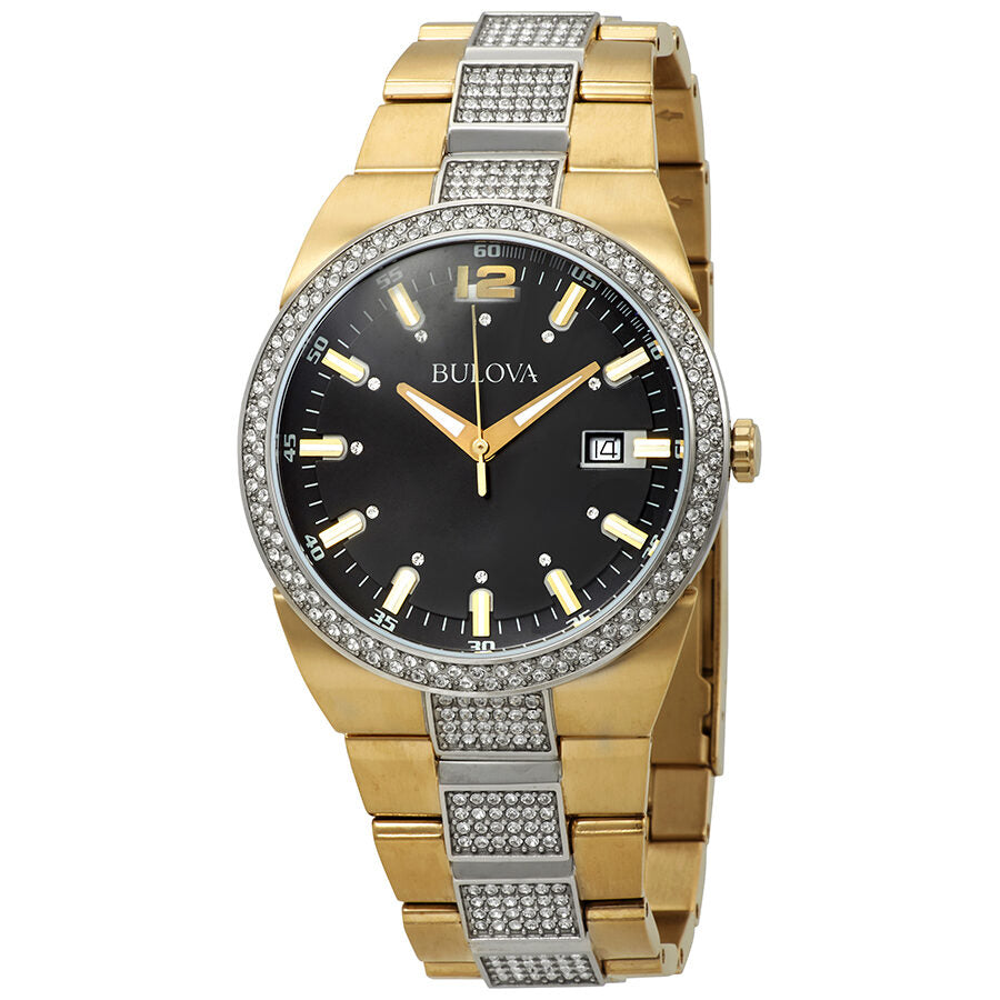  Shop Authentic Bulova Crystal Black Dial Two Tone Steel Strap Watch for Men - 98B235 - Luxxuri