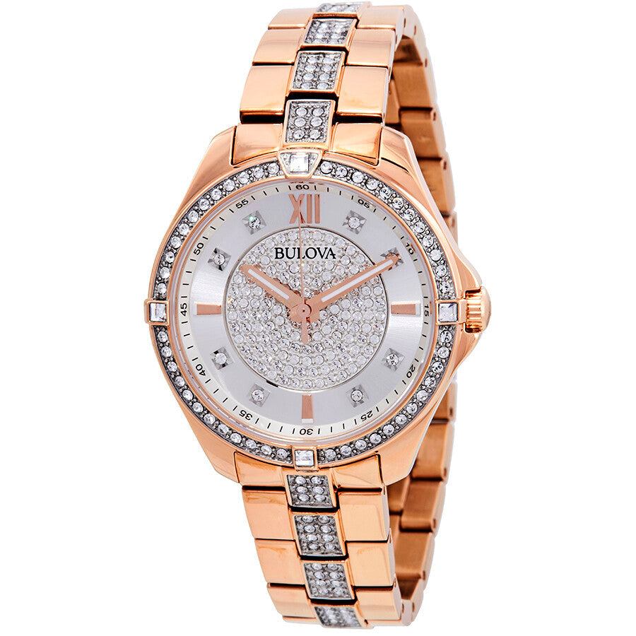  Shop Authentic Bulova Crystal Collection Silver Dial Rose Gold Steel Strap Watch for Women - 98L229 - Luxxuri