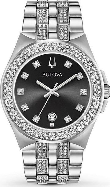 Shop Authentic Bulova Crystal Collection Black Dial Silver Steel Strap Watch for Men - 96K102 - Luxxuri