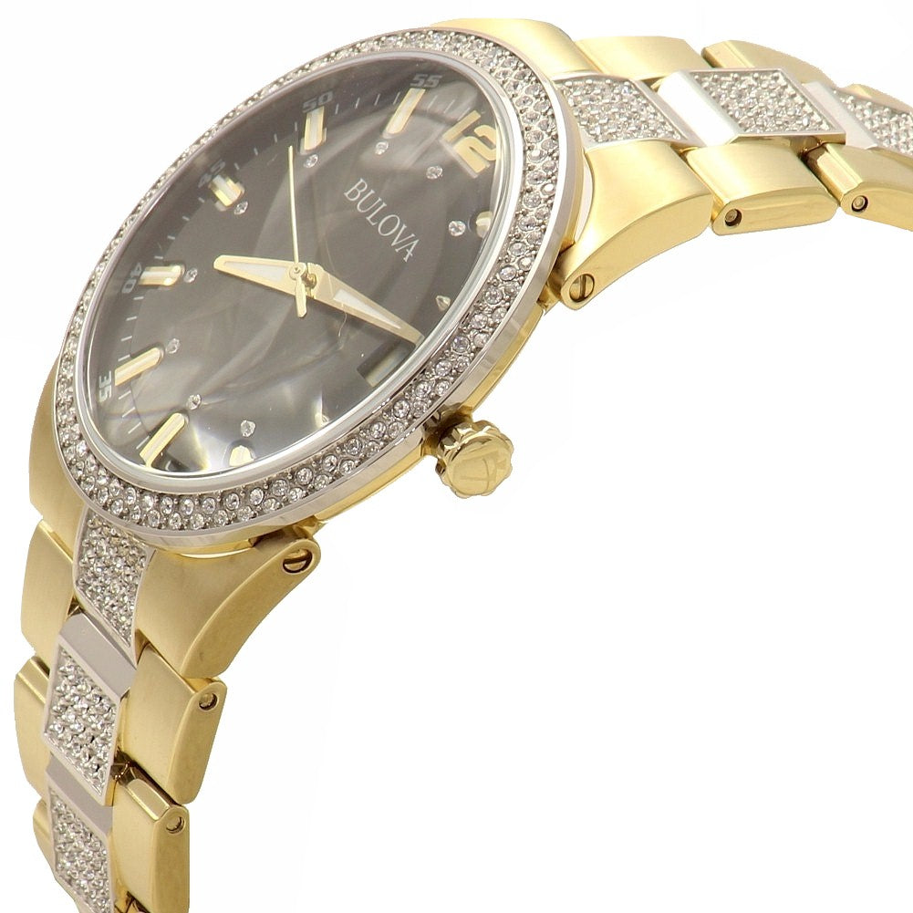  Shop Authentic Bulova Crystal Black Dial Two Tone Steel Strap Watch for Men - 98B235 - Luxxuri