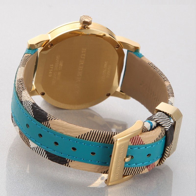  Shop Authentic Burberry The City Gold Dial Blue Leather Strap Watch for Women - BU9018 - Luxxuri