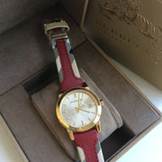  Shop Authentic Burberry Heritage Nova Gold Dial Haymarket Red Leather Strap Watch for Women - BU9111 - Luxxuri
