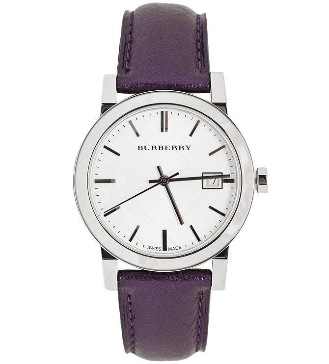  Shop Authentic Burberry The City Silver Dial Purple Leather Strap Watch for Women - BU9122 - Luxxuri