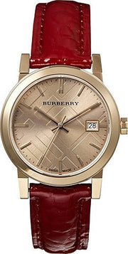  Shop Authentic Burberry The City Gold Dial Red Leather Strap Watch for Women - BU9140 - Luxxuri