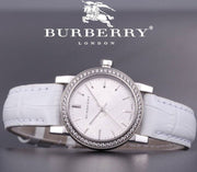  Shop Authentic Burberry The City White Diamonds Dial White Leather Strap Watch for Women - BU9221 - Luxxuri