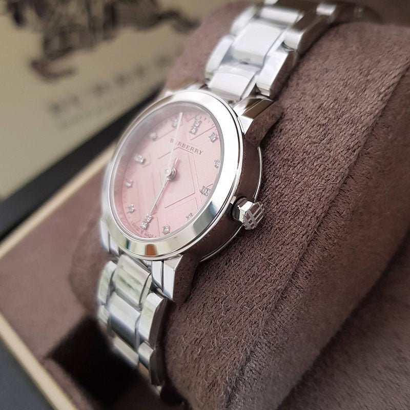  Shop Authentic Burberry The City Diamonds Pink Dial Silver Steel Strap Watch for Women - BU9223 - Luxxuri