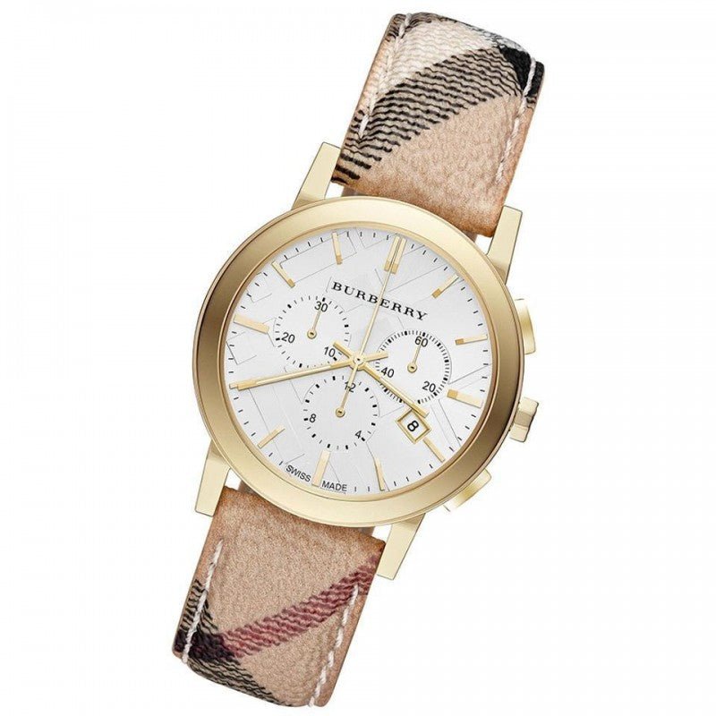  Shop Authentic Burberry The City White Dial Haymarket Beige Leather Strap Watch for Women - BU9752 - Luxxuri