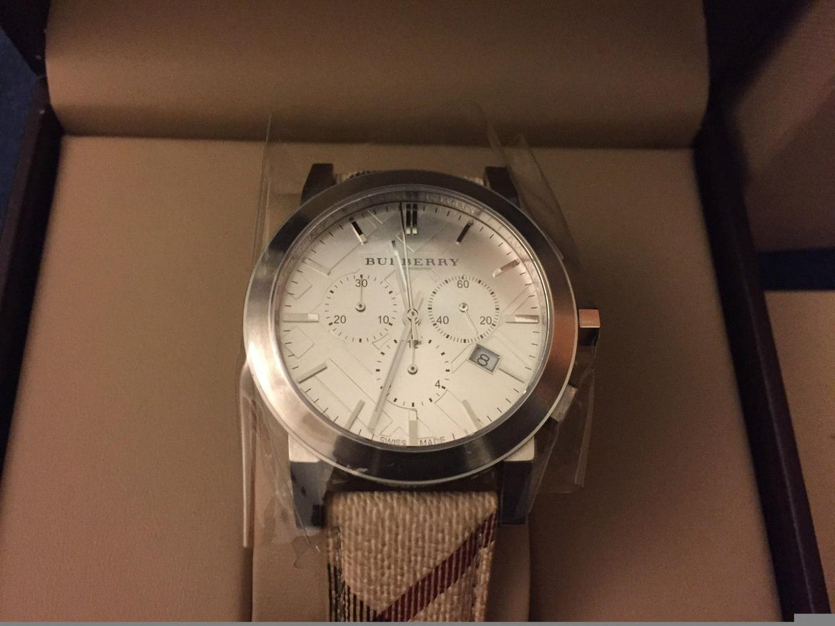  Shop Authentic Burberry The City Chronograph White Dial Haymarket Leather Strap Watch For Men - BU9360 - Luxxuri