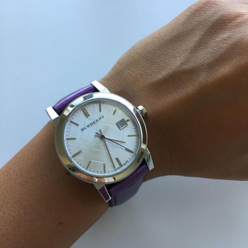  Shop Authentic Burberry The City Silver Dial Purple Leather Strap Watch for Women - BU9122 - Luxxuri