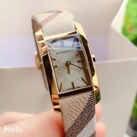  Shop Authentic Burberry Pioneer Gold Dial Haymarket Beige Leather Strap Watch for Women - BU9509 - Luxxuri