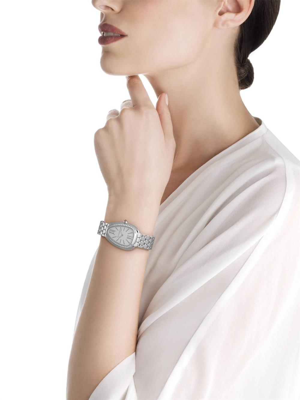  Shop Authentic Bvlgari Serpenti Seduttori Diamonds Silver Dial Silver Steel Strap Watch for Women - SERPENTI103361 - Luxxuri