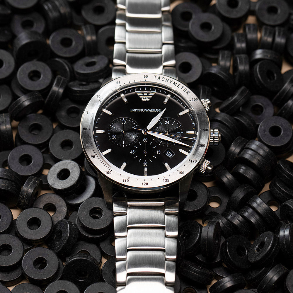  Shop Authentic Emporio Armani Mario Chronograph Black Dial Silver Steel Strap Watch For Men - AR11241 - Luxxuri