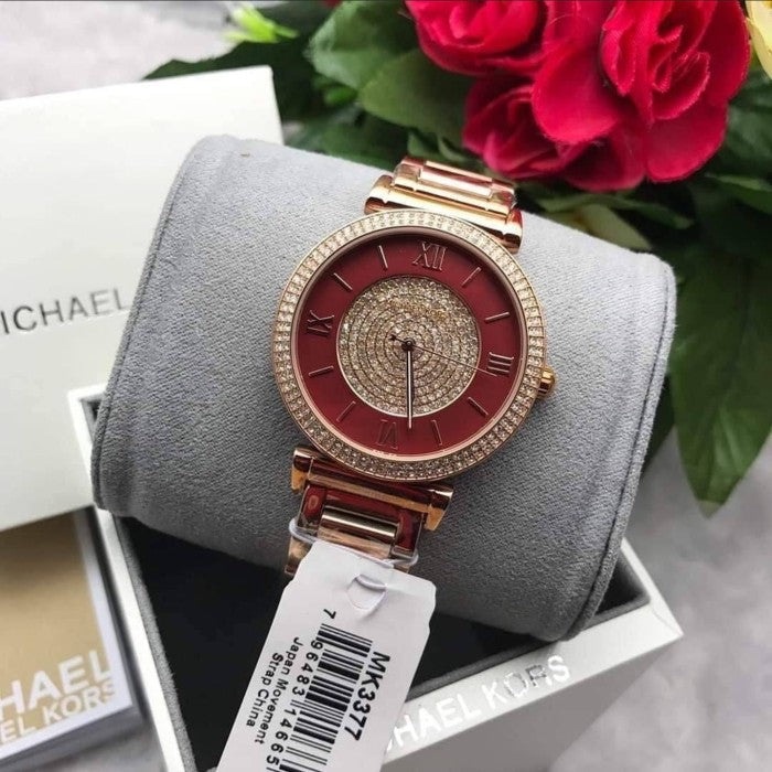  Shop Authentic Michael Kors Caitlin Red Dial Rose Gold Stainless Steel Strap Watch for Women - MK3377 - Luxxuri