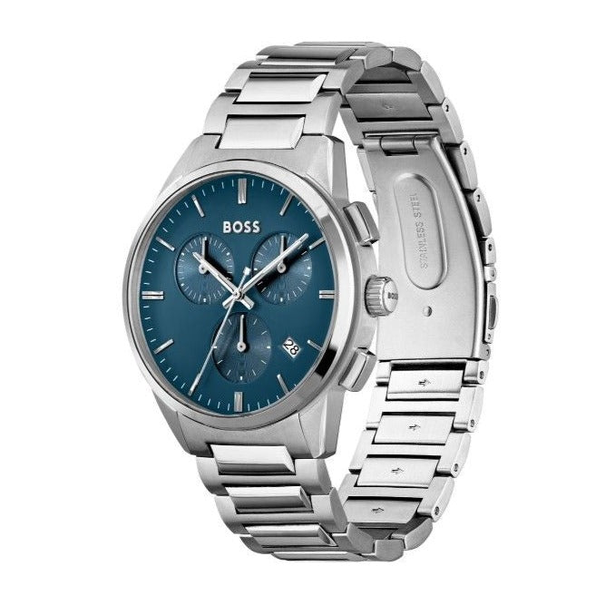  Shop Authentic Hugo Boss Dapper Chronograph Blue Dial Silver Steel Strap Watch For Men - 1513927 - Luxxuri